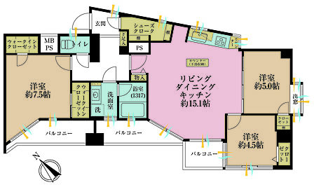 3LDK、専有面積77.6m2