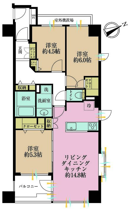 3LDK、専有面積70.31m2、バルコニー面積4.52m2