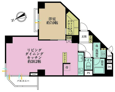 1LDK、専有面積60.77m2、バルコニー面積3.29m2