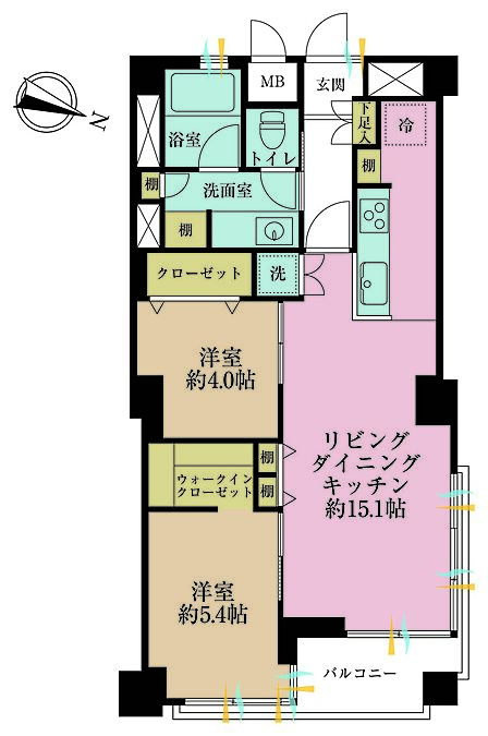 2LDK、専有面積59.03m2、バルコニー面積4.64m2