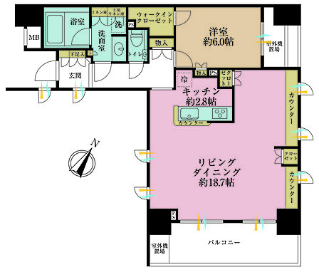 1LDK、専有面積66.9m2、バルコニー面積9.54m2