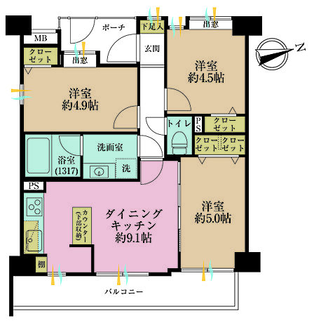 3DK、専有面積53.83m2、バルコニー面積7.98m2
