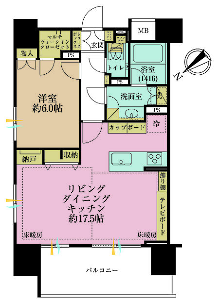 1LDK、専有面積56.54m2、バルコニー面積10.8m2