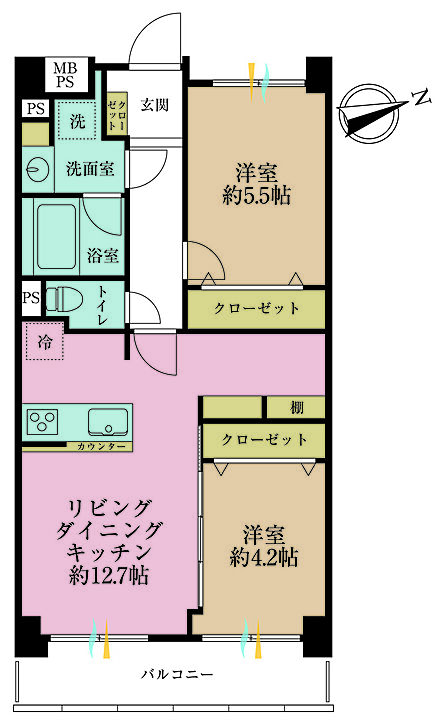 2LDK、専有面積52.65m2、バルコニー面積6.48m2