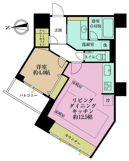 1LDK、専有面積48.26?、バルコニー面積3.7?