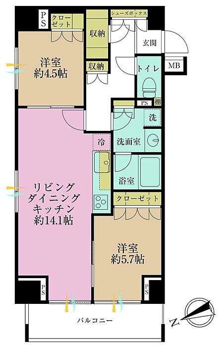2LDK、専有面積61.23?、バルコニー面積6.48?