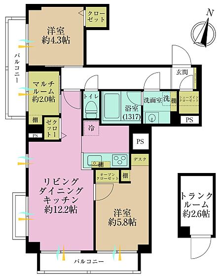 3LDK、専有面積56.22?、バルコニー面積13.15?