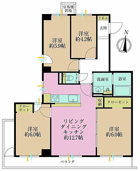 4LDK、専有面積73.87?、バルコニー面積9.4?