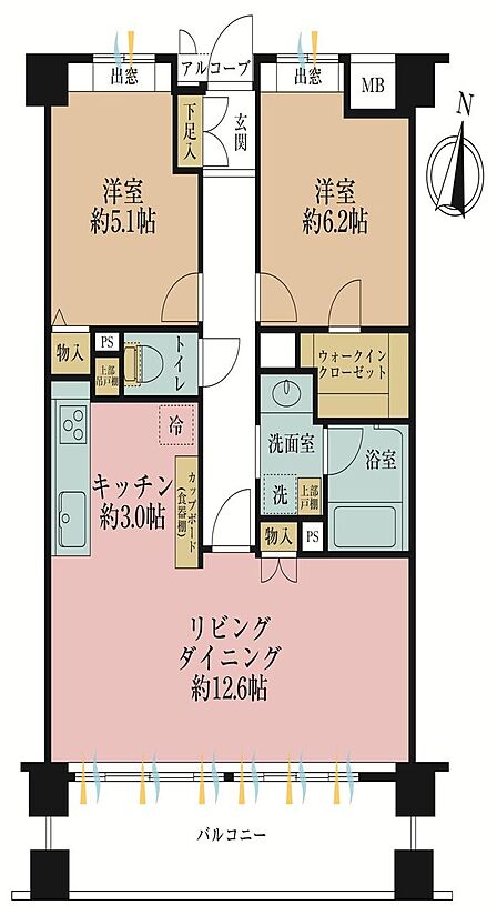 2LDK、専有面積61.7?、バルコニー面積10.8?