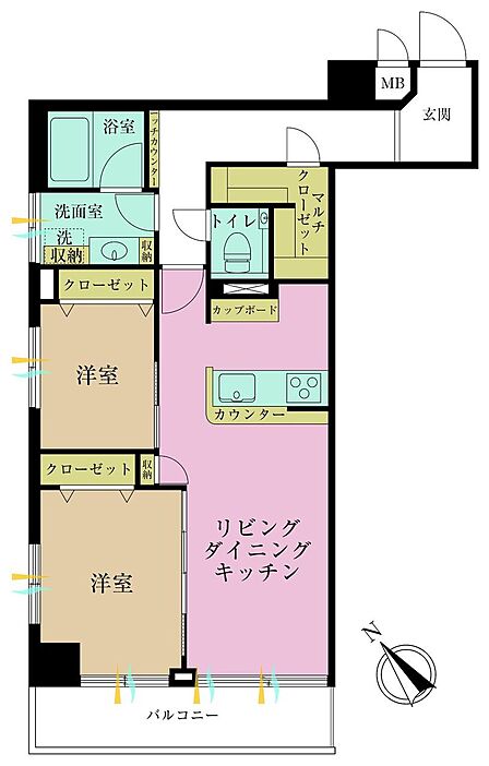 2LDK、専有面積61.92?、バルコニー面積6.48?