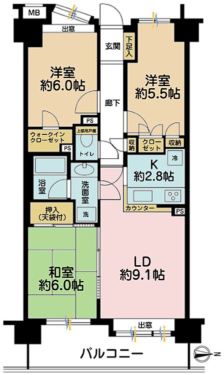3LDK、専有面積63.39m2、バルコニー面積10.4m2