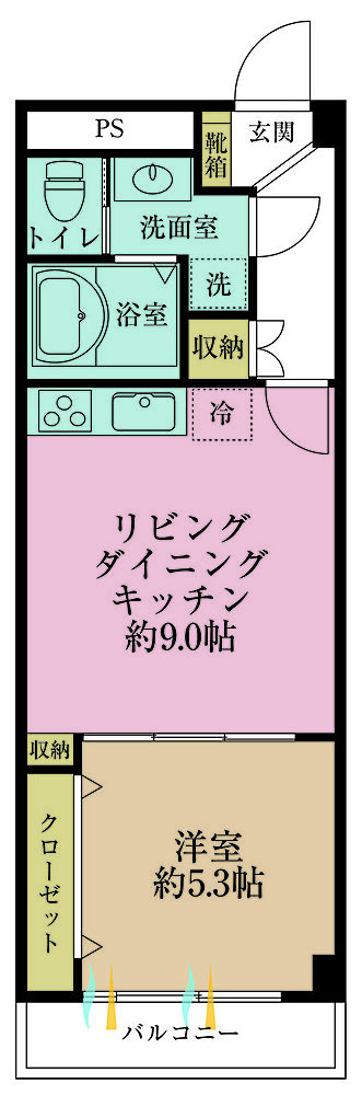 1LDK、専有面積39.29m2
