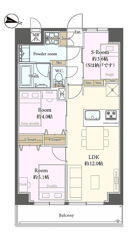 2LDK+S、専有面積55.68?、バルコニー面積6.94?