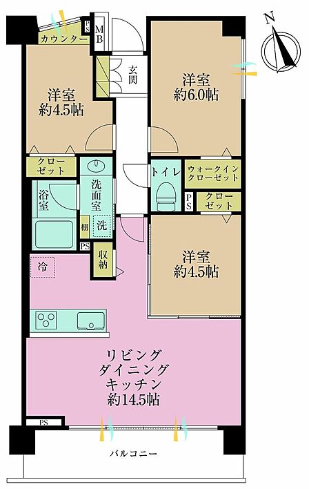3LDK、専有面積65.01?、バルコニー面積9?