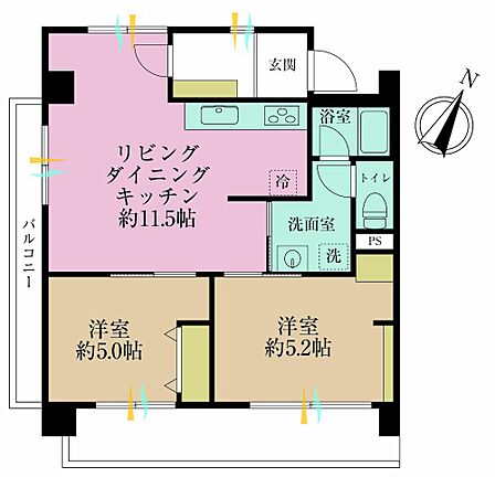 2LDK、専有面積52.51?、バルコニー面積12.57?