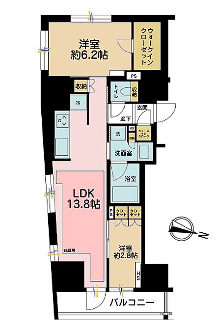 2LDK、専有面積53.47m2、バルコニー面積5.7m2