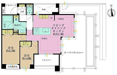 2LDK、専有面積57.9?、バルコニー面積6.27?
