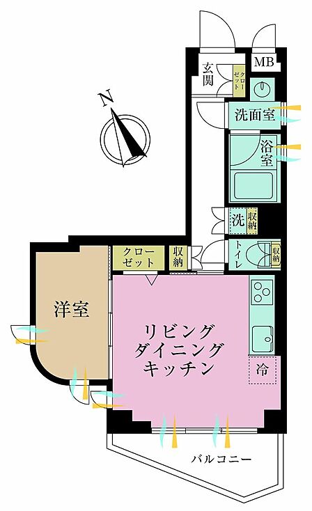1LDK、専有面積35.73?、バルコニー面積4.49?
