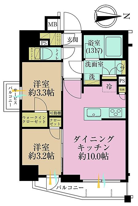 2LDK、専有面積40.37?、バルコニー面積4.46?