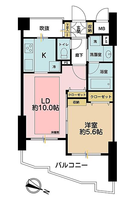 1LDK、専有面積39.65?、バルコニー面積11?