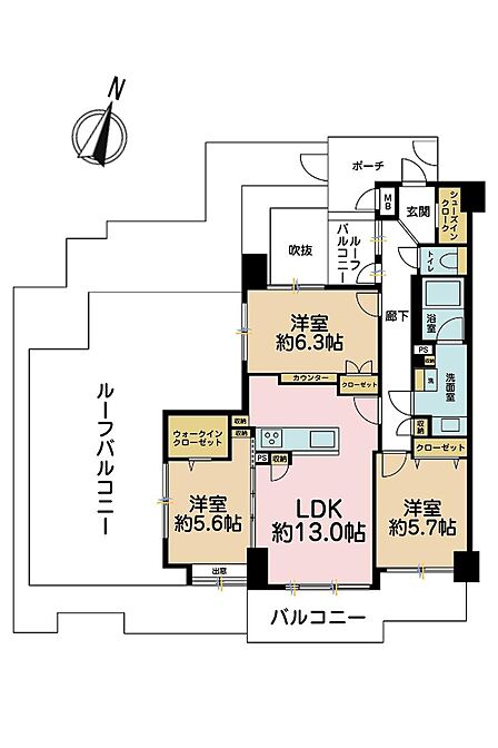 3LDK、専有面積75.18?、バルコニー面積9.28?