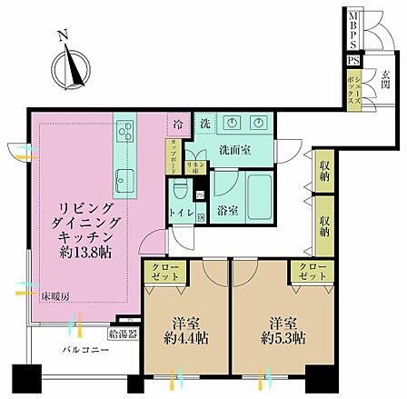 2LDK、専有面積63.69?、バルコニー面積6.47?