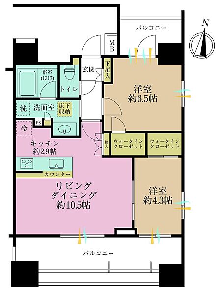 2LDK、専有面積54.46?、バルコニー面積18.99?