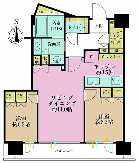2LDK、専有面積60.69?、バルコニー面積16.43?