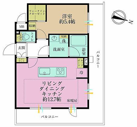 1LDK、専有面積42.77?、バルコニー面積17.64?