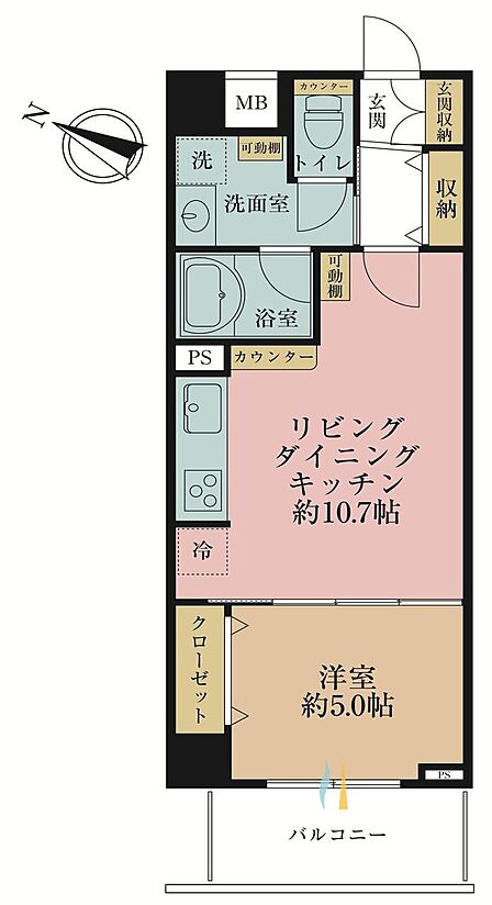 1LDK、専有面積41.8?、バルコニー面積5.25?