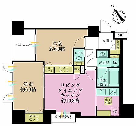2LDK、専有面積54?、バルコニー面積4.5?