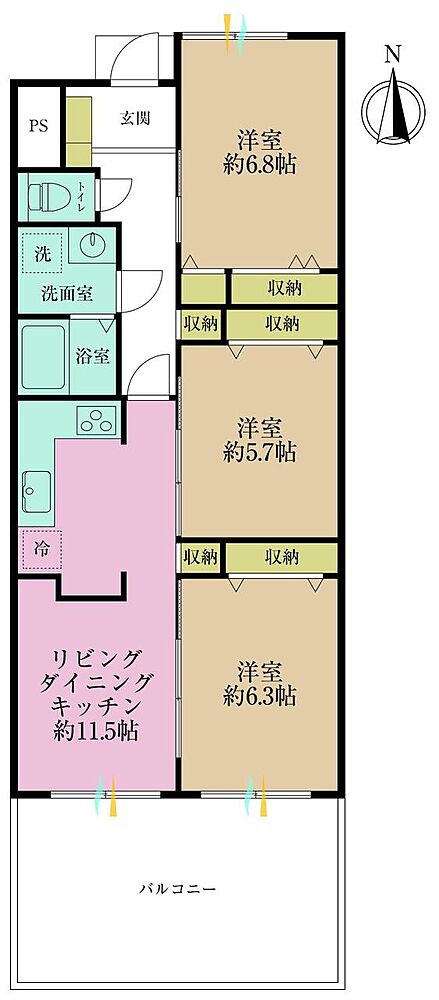3LDK、専有面積70.72?、バルコニー面積17.92?