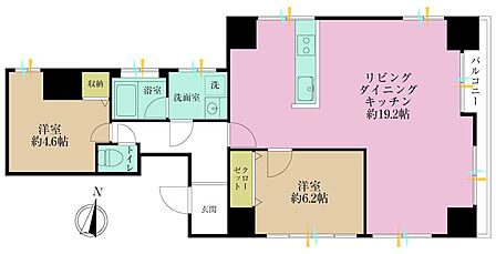 2LDK、専有面積66?、バルコニー面積5.12?