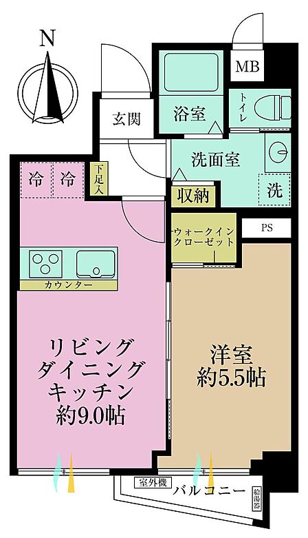 1LDK、専有面積39.59?、バルコニー面積2.85?