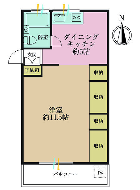 1DK、専有面積34.32?、バルコニー面積4?