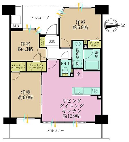 3LDK、専有面積61.88?、バルコニー面積10.5?