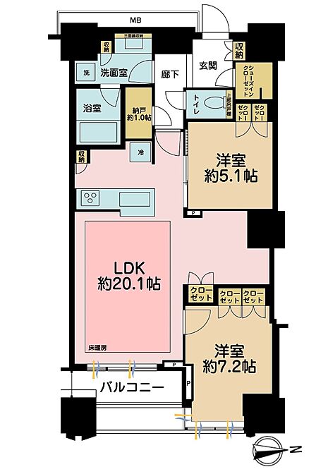 2LDK、専有面積75.75?、バルコニー面積4.19?
