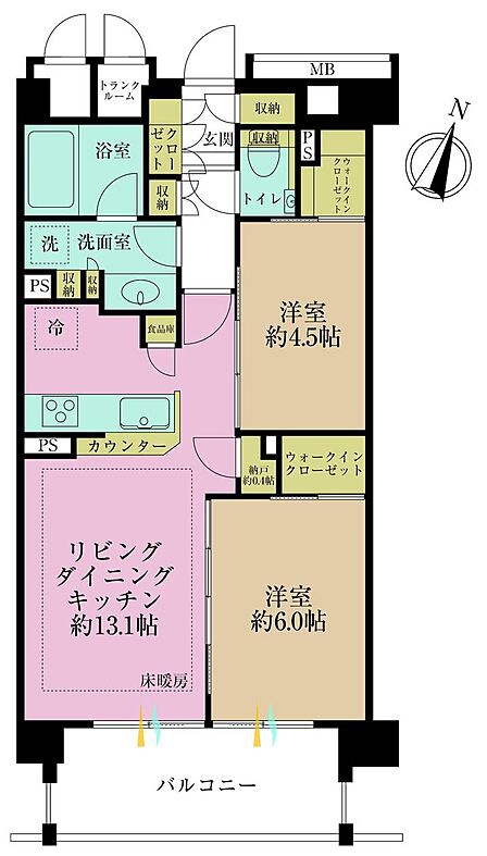 2LDK、専有面積56.19?、バルコニー面積8.61?