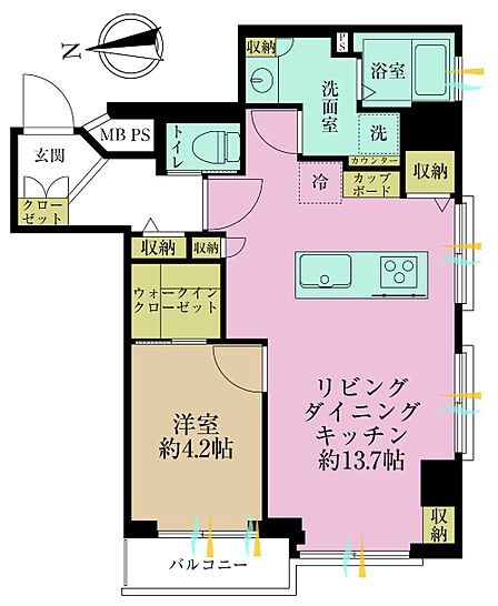1LDK、専有面積45.86?、バルコニー面積2.56?