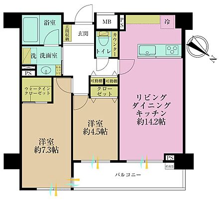 2LDK、専有面積60.83?、バルコニー面積7.56?