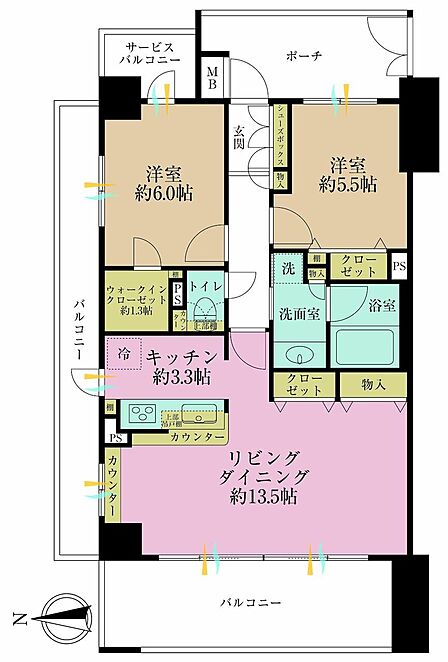 2LDK、専有面積65.62?、バルコニー面積24.4?