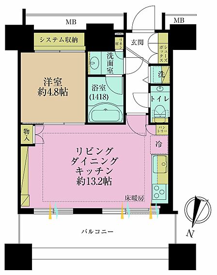 1LDK、専有面積44.37?、バルコニー面積8.06?