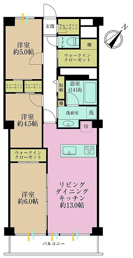 3LDK、専有面積69.37?、バルコニー面積5.94?