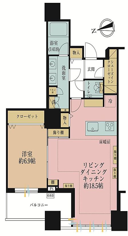 1LDK、専有面積61.51?、バルコニー面積7.01?