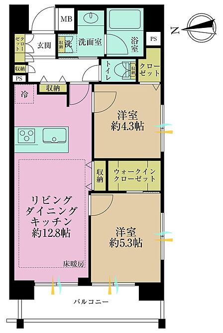 2LDK、専有面積55.05?、バルコニー面積6.76?