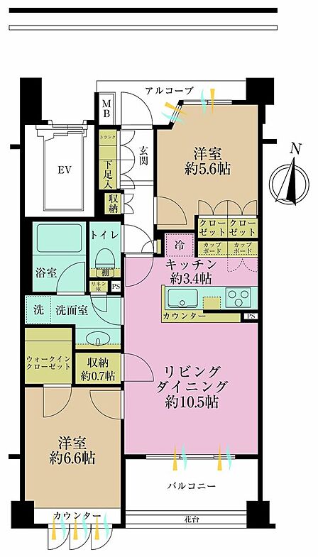 2LDK、専有面積61.75?、バルコニー面積6.93?