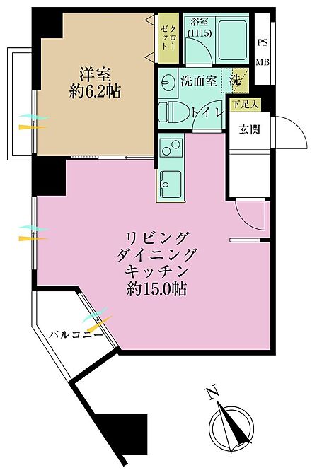 1LDK、専有面積43.83?、バルコニー面積2.86?