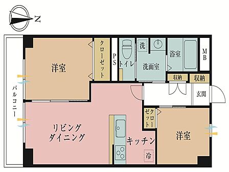 2LDK、専有面積51.23?、バルコニー面積7?