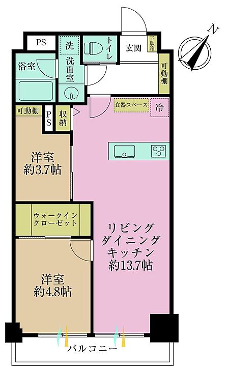 2LDK、専有面積57.75?、バルコニー面積5.5?