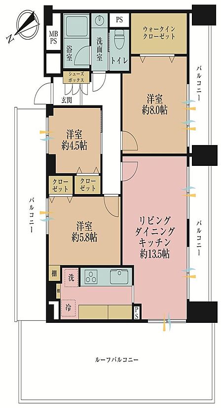 3LDK、専有面積80.39?、バルコニー面積35.55?